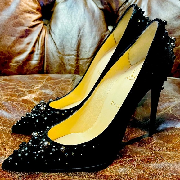 CHRISTIAN Louboutin, Pigalle Follies 100mm. Suede metallic studs & Strass EU38.5 - Picture 3 of 11